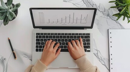 Aufkleber - The top view of a laptop with financial charts at the screen is a mockup for an advertisement, an announcement. Female hands are typing text in a laptop keyboard with a graph at the white screen.
