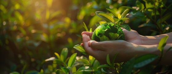 Aufkleber - World Earth Day concept in the hands of a woman holding a green earth on a bokeh background, saving the environment and maintaining environmental sustainability.