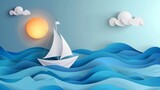 Paper sailboat journey in the blue sea, Paper art and digital craft style background, Modern illustration