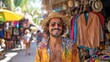 picture of a charming man during a carnival, dressed stylishly, grinning