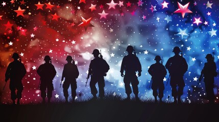 The proud march of military silhouettes is illuminated by a starry backdrop, capturing the essence of courage and patriotism on Memorial Day.