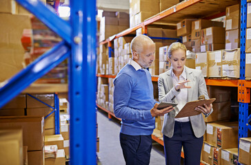 Poster - Tablet, clipboard and business people in storage warehouse for logistics, supply chain and cardboard box. Package, ecommerce and employees with technology for shipping, cargo and stock taking