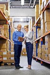 Poster - Checklist, boxes or people in warehouse for shipping delivery order, teamwork or stock in factory on clipboard. Printing logistics, managers or supplier inspection on package, cargo or plant safety