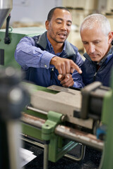 Poster - Factory, machine and men in work discussion, maintenance for industrial safety and diversity employees together. Mechanical engineering, production monitoring system or inspection in warehouse