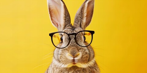 Wall Mural - rabbit wearing glasses, isolated on yellow with copy space