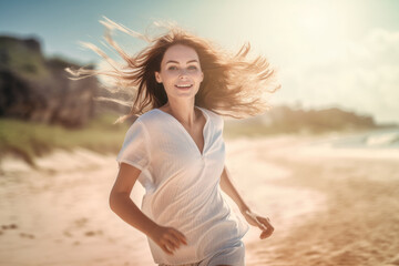 Wall Mural - Careless young woman enjoying beach getaway, Caucasian, sunlit hair and fresh natural palette