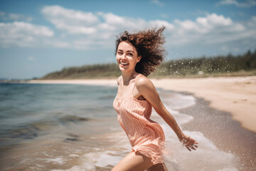 Wall Mural - Careless young woman enjoying beach getaway, Caucasian, sunlit hair and fresh natural palette