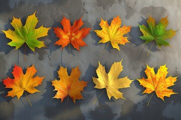 Canvas Print - Set of realistic maple leaves of different colors. Yellowed autumn leaves. 