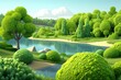 Spring landscape with river 3d illustration. 