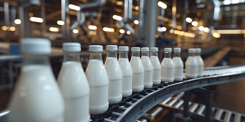 Wall Mural - Automation in a modern milk factory: Fresh milk bottles on a conveyor belt. Concept Milk Production, Conveyer Belt Automation, Modern Factory Technology