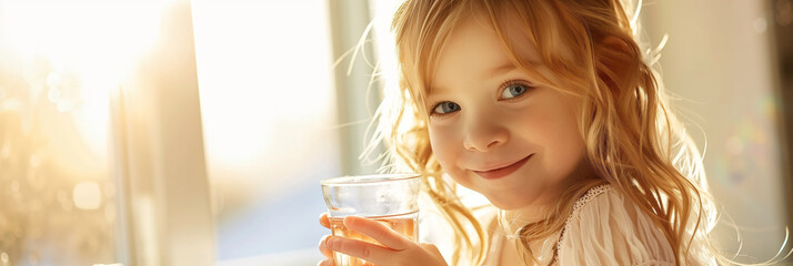 Pretty little child drinking fresh water on sunny summer day at home. Cute preschool kid holding glass of pure mineral water. Healthy lifestyle for kids.