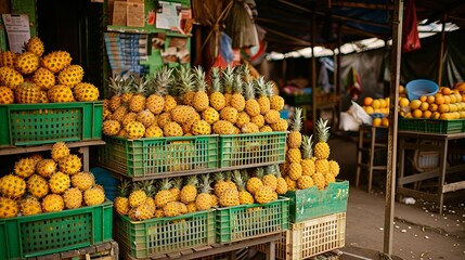 Wall Mural - a crate filled with lots of pineapples sitting on top of a wooden table in front of a building. generative ai