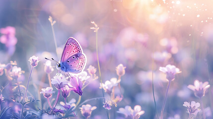 Wall Mural - Purple butterfly on wild white violet flowers in grass in rays of sunlight, macro. Spring summer fresh artistic image of beauty morning nature. Generative Ai