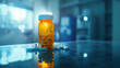 Prescription opioids, with bottle of many pills on the mirror light table. Concept of addiction, opioid crisis, overdose and medicine shopping. High quality image