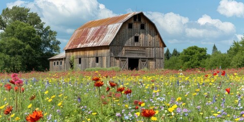 Wall Mural - A vintage barn with a gambrel roof, surrounded by fields of blooming wildflowers. 