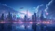 A futuristic cityscape with holographic advertisements illuminating the skyline.