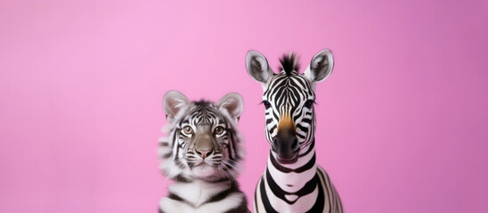 Young zebra and tiger cub sitting together on a pink background. Zoo concept.