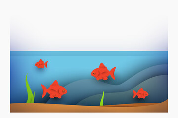 Poster - Cartoon red fish in big aquarium isolated on white background. Creative art composition in minimal paper cut style. Fashion vector illustration.