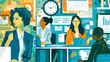 Illustration women excelling in routine work environments in various work and commitment to excellence.