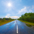 long wet asphalt road after a rain under a sparkle sun