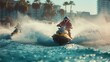 Thrilling action of a jet ski rider carving through the waves,showcasing the exhilarating nature of water sports The rider is performing high-speed maneuvers