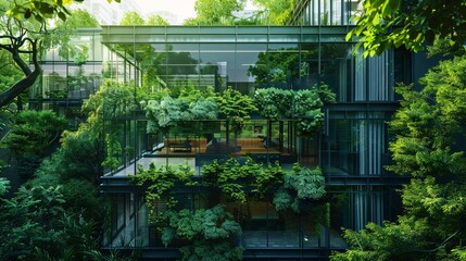 Wall Mural - An eco-friendly office nestled amidst greenery, featuring trees and sustainable glass architecture. Reduce carbon dioxide emissions with this corporate building surrounded by a lush green environment
