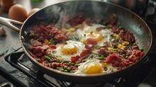 A Stove-top Pan Filled With Corned Beef Hash, Eggs, And Green Beans Cooking Together. Generative AI