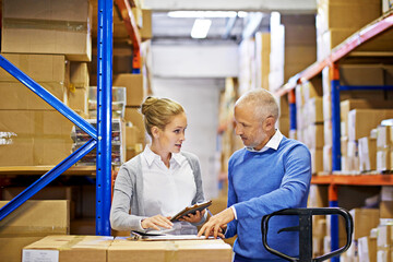 Poster - Tablet, checklist and business people in storage warehouse for logistics, supply chain and cardboard box. Package, ecommerce and employees with technology for shipping, cargo and stock taking