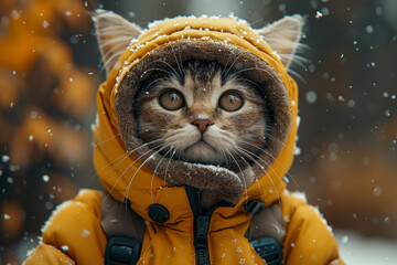 Wall Mural - Cute little kitten wearing yellow down jacket