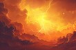 Dramatic lightning storm with dark clouds in an orange sky, weather background digital illustration