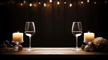 A table with two wine glasses and candles on it