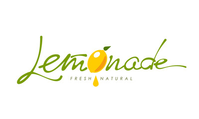 Wall Mural - Lemonade logo icon, lemon drink, fruit juice. Isolated vector emblem for refreshing citrus beverage, soda or cocktail, features green typography with ripe whole juicy lemon fruit and falling drop