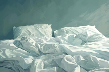 Messy bed with crumpled white sheets and pillows, minimalist background, digital illustration