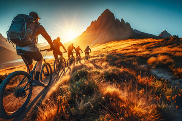 The silhouettes of a group of mountain bikers against the background of the picturesque mountain sunset