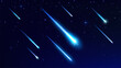 Realistic comets and asteroids, shooting space stars with trails in sky. 3d vector bolides with blue luminous traces streak across night heaven. Cosmic fireball, meteor, meteorites in galaxy or cosmos
