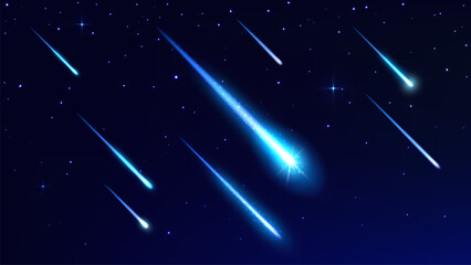Wall Mural - realistic comets and asteroids, shooting space stars with trails in sky. 3d vector bolides with blue