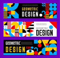 Wall Mural - Abstract modern banner with futuristic geometric shapes. Vector horizontal cards or covers with contemporary minimal design, merging bold geometry figures and vibrant red, blue, white or yellow colors