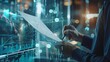 © shaiq - A close-up view depicts a businessman holding a paper and drawing stock charts, accompanied by a digital business interface, underscoring the essence of business and trade