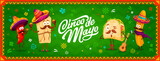 Fototapeta Pokój dzieciecy - Cinco de mayo banner with mexican tex mex food characters. Vector red jalapeno pepper, tamales, taco and churro mariachi band personages in traditional sombrero hats with maracas, guitar and tequila