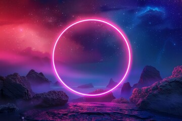 Canvas Print - Abstract neon background with geometric circle shape, Beautiful frame and extraterrestrial landscape under the night sky and Rocks. Futuristic minimalist wallpaper, generative ai