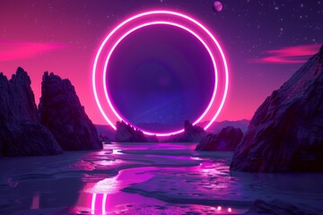 Canvas Print - Abstract neon background with geometric circle shape, Beautiful frame and extraterrestrial landscape under the night sky and Rocks. Futuristic minimalist wallpaper, generative ai