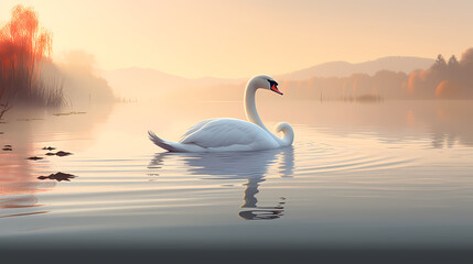 Wall Mural - White swans in love on peaceful water background