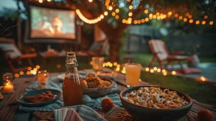 Cozy outdoor cinema with popcprn, soft summer lighting, pillows in backyard with large fabric as screen on wall for romantic date. Movie night at summer garden concept. Generative ai