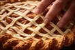 Close-up of a baker's fingers crisscrossing lattice on a pie.