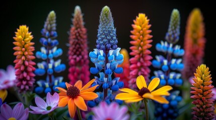 Wall Mural - A vibrant assortment of colorful flowers scattered in the lush green grass, blossoming under the suns warm rays