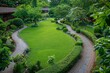 A winding path meanders through a lush green garden, surrounded by vibrant foliage and blooming flowers, creating a peaceful and enchanting atmosphere