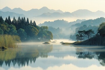Wall Mural - scenery of the calm lake in the morning professional photography