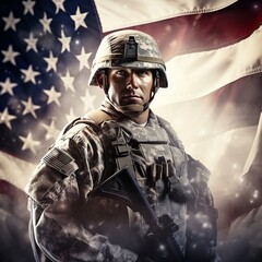 Wall Mural - illustration of senior US army with us flag background america vete, Generative ai
