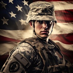 Wall Mural - illustration of senior US army with us flag background america vete, Generative ai