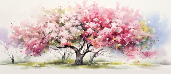 Wall Mural - A beautiful watercolor painting of a cherry blossom tree with delicate pink flowers, capturing the natural landscape with detailed petals, twigs, and grass